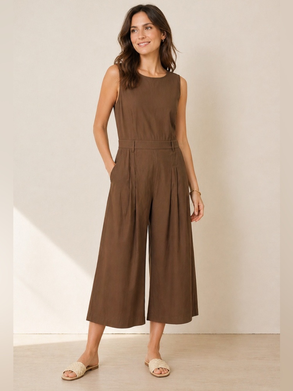 Lafayette 148 Brown Wide Leg Jumpsuit Size 14 Sleeveless Midi Luxe Minimalist